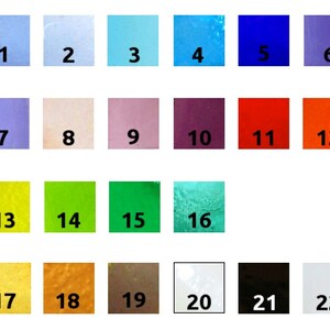 May include: A color chart with 22 different colored squares, numbered 1 through 22. The colors include light blue, blue, green, yellow, red, orange, brown, white, and black.