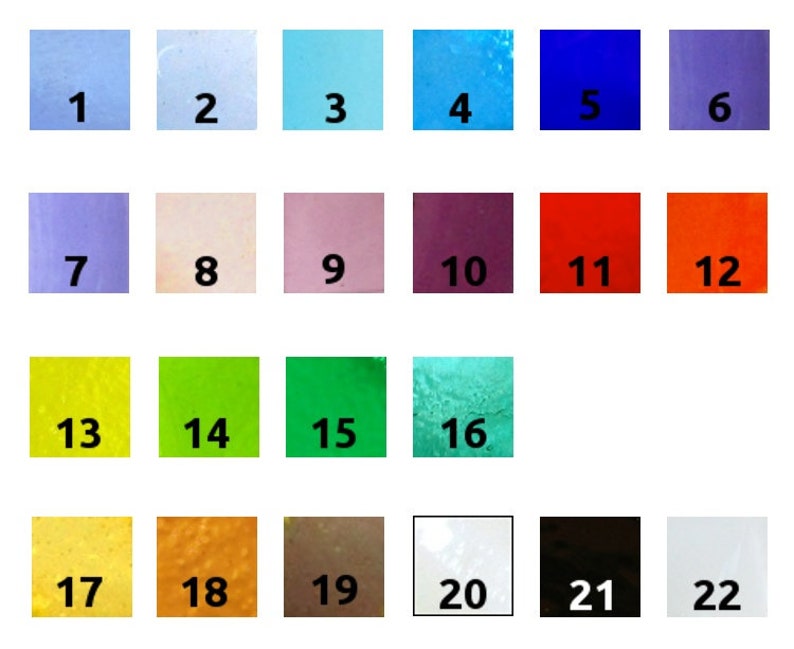 May include: A color chart with 22 different colored squares, numbered 1 through 22. The colors include light blue, blue, green, yellow, red, orange, brown, white, and black.