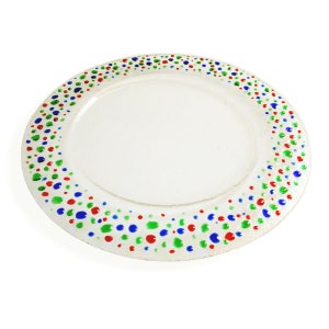 Crystal clear Murano Glass Tablemat, Round serving plate – Stillae Series, Fused glass dish with green, red and blue drops, Cake plate