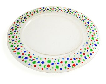Crystal clear Murano Glass Tablemat, Round serving plate – Stillae Series, Fused glass dish with green, red and blue drops, Cake plate