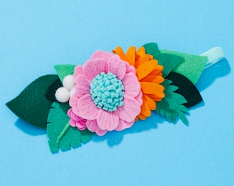 Hand painted Tropical Felt Floral with Pink, Orange and White Flowers on an Adjustable Headband