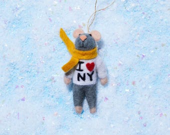 Handmade Needle Felted Mouse Ornament: I Love NY Christmas Decoration