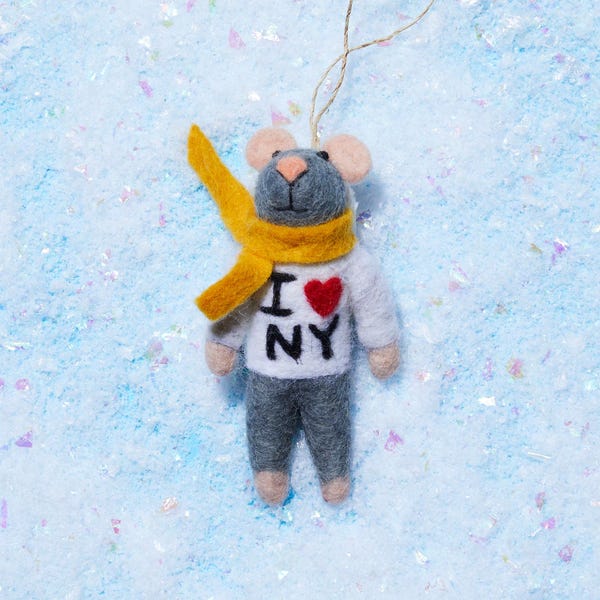Handmade Needle Felted Mouse Ornament: I Love NY Christmas Decoration