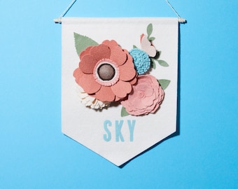 Handmade Felt Name Banner: 3D Floral Nursery Decor
