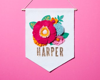 Bright Felt Floral Custom Name Banner, Customizable!