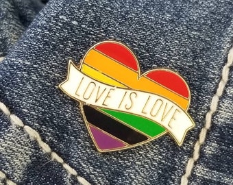 LOVE is LOVE Banner, Love is Love Jewelry, Lesbian Love Jewelry, Gay Pride Lapel Pin, LGBTQIA+ Pin, Rainbow Heart Transgender Support Pin