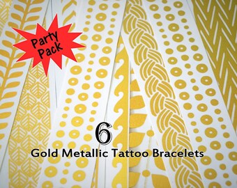Gold Metallic Tattoo Bracelet Mix, Metallic Tattoos Party Pack Mix, SIX Metallic Tattoo Bracelets in SOLID GOLD, Six Party Pack Mix of Tatts