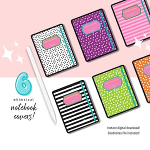 May include: Six digital notebook covers with whimsical patterns. The covers feature polka dots, stripes, and a variety of colours, including black, white, pink, purple, green, and orange. The text "COMPOSITION BOOK" is included on each cover.