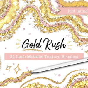 May include: A set of 34 digital brushes featuring gold and rose gold metallic textures. The brushes are designed to create a luxurious and elegant look. The text "Gold Rush" is written in black cursive font. The text "Just Launched!" is written in white font on a pink banner.