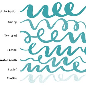 May include: A comparison of different brush strokes for digital art, showing the words "green" written in various styles, including "Back to Basics", "Gritty", "Textured", "Techno", "Water Brush", "Pastel", and "Chalky".
