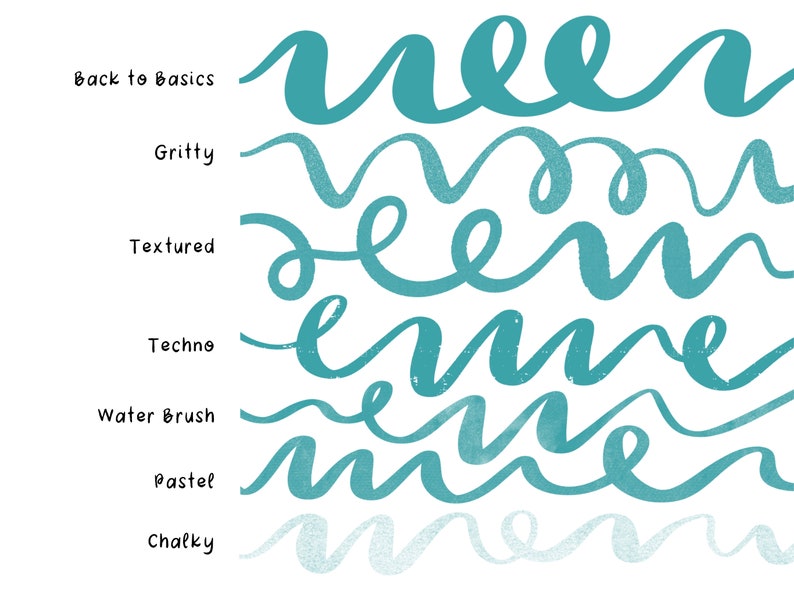 May include: A comparison of different brush strokes for digital art, showing the words "green" written in various styles, including "Back to Basics", "Gritty", "Textured", "Techno", "Water Brush", "Pastel", and "Chalky".