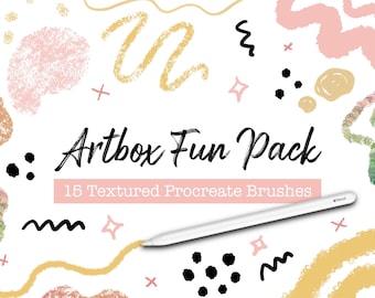 May include: A set of 15 textured Procreate brushes for digital art. The image shows a variety of brush strokes in different colors and textures, including pink, gold, and black. The text "Artbox Fun Pack" and "15 Textured Procreate Brushes" is also visible.