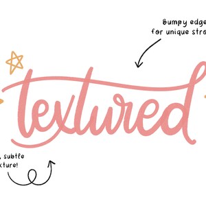 May include: The word "textured" written in a pink, cursive font with a soft, subtle texture. The word is surrounded by gold stars with bumpy edges.