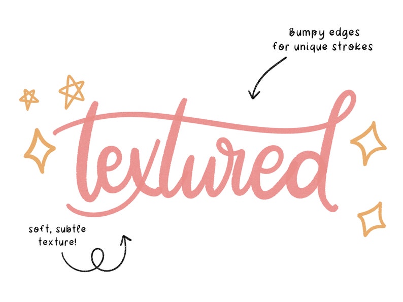May include: The word "textured" written in a pink, cursive font with a soft, subtle texture. The word is surrounded by gold stars with bumpy edges.
