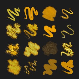 May include: A set of 18 gold glitter and paint brushstrokes, perfect for adding a touch of sparkle to your digital designs.