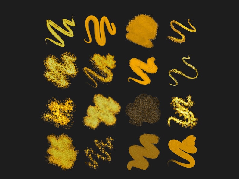 May include: A set of 18 gold glitter and paint brushstrokes, perfect for adding a touch of sparkle to your digital designs.