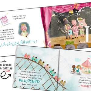 May include: A colorful illustration of a children's book with a pig performing on stage, a roller coaster ride, and a carousel. The text on the pages reads "LA-LA-LA-LAAHH!" and "WHOOSHED".