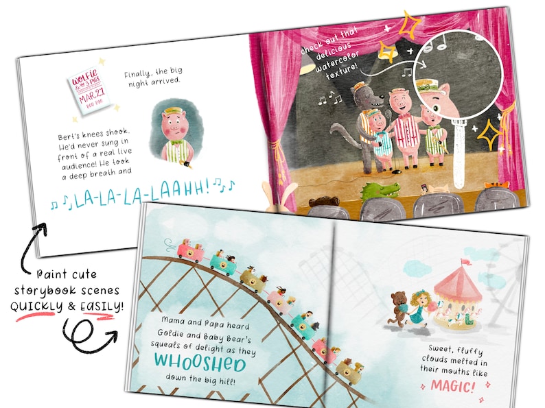 May include: A colorful illustration of a children's book with a pig performing on stage, a roller coaster ride, and a carousel. The text on the pages reads "LA-LA-LA-LAAHH!" and "WHOOSHED".