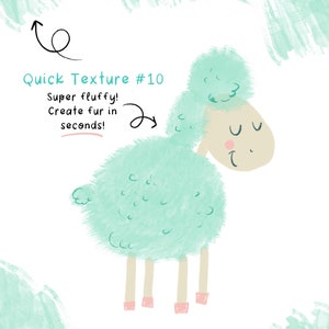May include: A light green cartoon sheep with a fluffy coat and pink hooves. The text "Quick Texture #10" is above the sheep. The text "Super fluffy! Create fur in seconds!" is below the sheep.