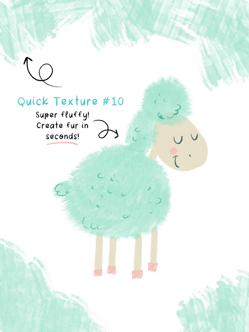 May include: A light green cartoon sheep with a fluffy coat and pink hooves. The text "Quick Texture #10" is above the sheep. The text "Super fluffy! Create fur in seconds!" is below the sheep.