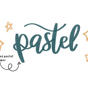 May include: The word "pastel" written in a teal blue color on a textured pastel paper background with gold stars.