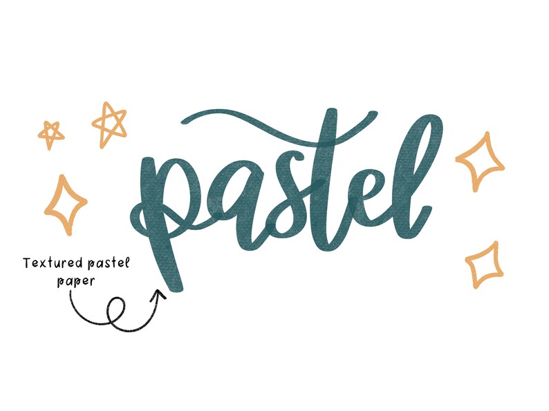 May include: The word "pastel" written in a teal blue color on a textured pastel paper background with gold stars.