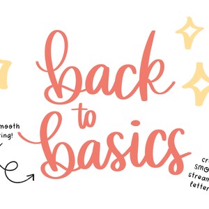 May include: A pink and white illustration of the phrase "Back to Basics" with a handwritten font. The phrase is surrounded by yellow stars.