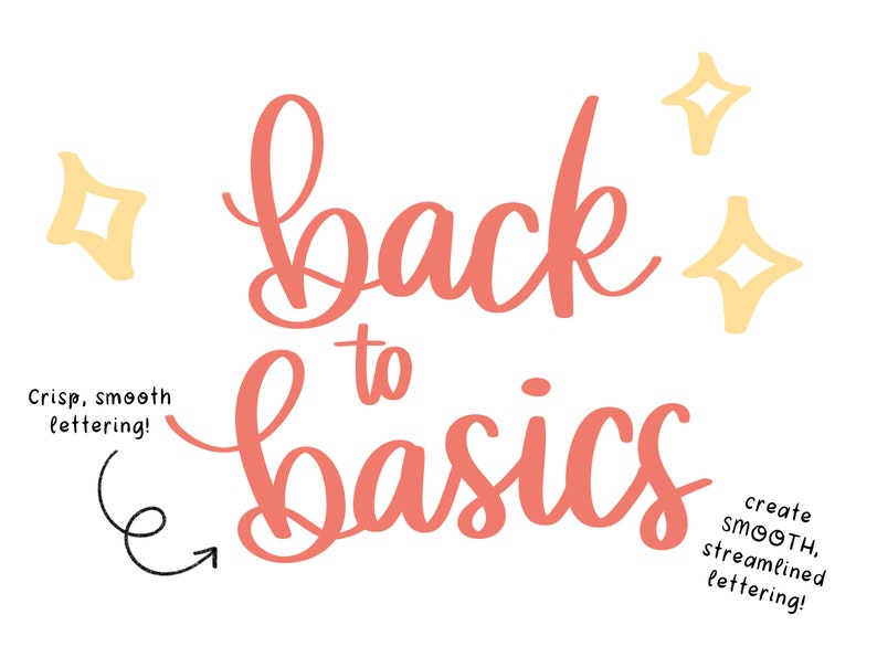 May include: A pink and white illustration of the phrase "Back to Basics" with a handwritten font. The phrase is surrounded by yellow stars.