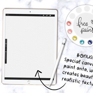 May include: A white digital tablet with a blank white canvas on the screen. A white stylus is next to the tablet. A white circle with a variety of colored paint swatches and the text "free paint" is in the upper right corner of the image. The text "BONUS! Special canvas to paint onto, which creates beautiful realistic texture!" is in the lower right corner of the image.