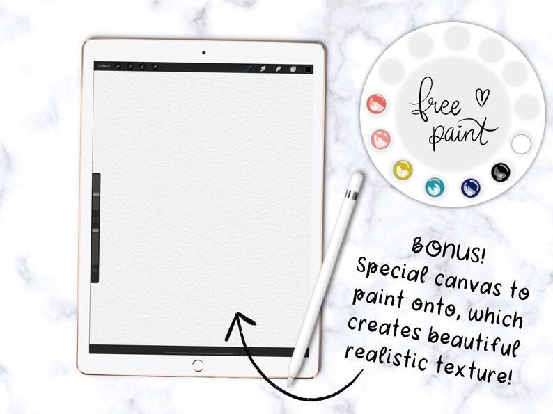 May include: A white digital tablet with a blank white canvas on the screen. A white stylus is next to the tablet. A white circle with a variety of colored paint swatches and the text "free paint" is in the upper right corner of the image. The text "BONUS! Special canvas to paint onto, which creates beautiful realistic texture!" is in the lower right corner of the image.