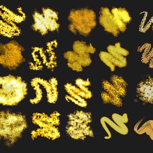 May include: A set of 20 gold glitter textures, perfect for adding a touch of sparkle to your digital designs. The textures are in various shapes and sizes, including swirls, dots, and splatters.