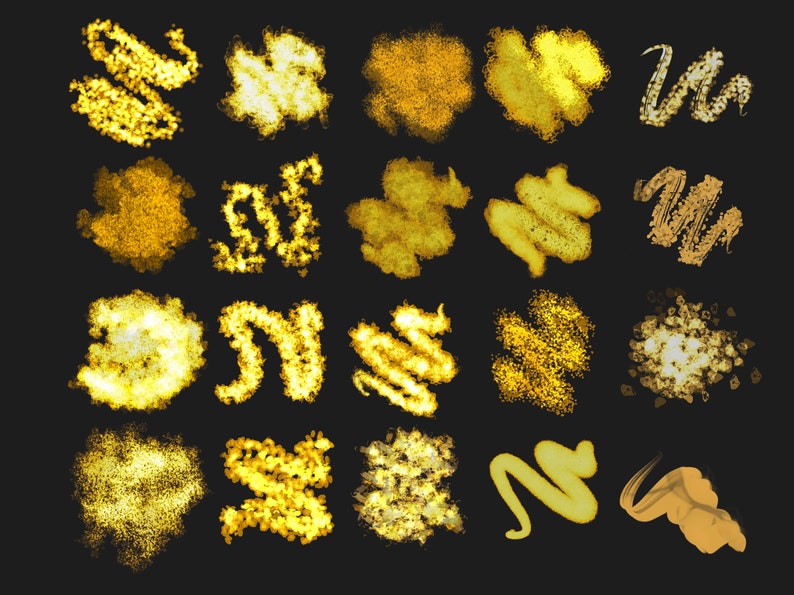 May include: A set of 20 gold glitter textures, perfect for adding a touch of sparkle to your digital designs. The textures are in various shapes and sizes, including swirls, dots, and splatters.