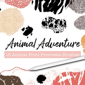 Puede incluir: Un conjunto de 15 pinceles digitales Procreate con estampado animal. La imagen muestra varios estampados de animales, incluyendo leopardo, cebra, serpiente y jirafa. El texto "Animal Adventure" y "15 Animal Print Procreate Brushes" se muestra sobre un fondo rosa.