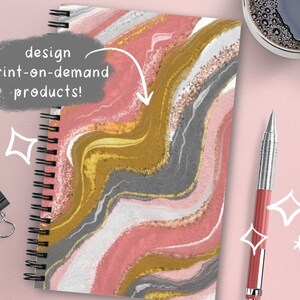 May include: A spiral bound notebook with a colorful abstract design featuring pink, gold, and gray swirls. The cover has a glittery texture. The text "design print-on-demand products!" is written on the cover.