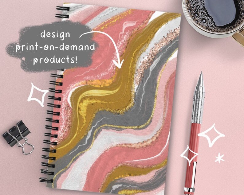 May include: A spiral bound notebook with a colorful abstract design featuring pink, gold, and gray swirls. The cover has a glittery texture. The text "design print-on-demand products!" is written on the cover.