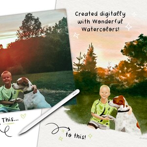 May include: A watercolor painting of a boy and his dog in a field at sunset. The boy is wearing a green shirt and shorts, and the dog is white with brown spots. The painting is framed by a white border and has the text "Created digitally with Wonderful Watercolors!" in the top right corner.
