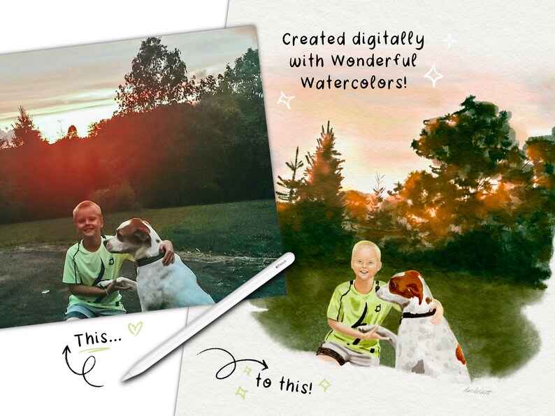 May include: A watercolor painting of a boy and his dog in a field at sunset. The boy is wearing a green shirt and shorts, and the dog is white with brown spots. The painting is framed by a white border and has the text "Created digitally with Wonderful Watercolors!" in the top right corner.
