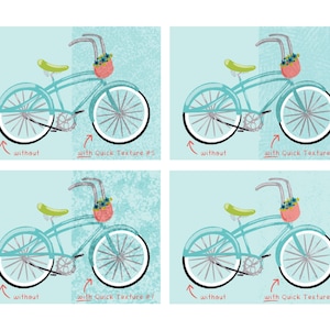 May include: Four illustrations of a light blue bicycle with a basket of flowers on the handlebars. Each illustration shows the bicycle with and without a textured background.