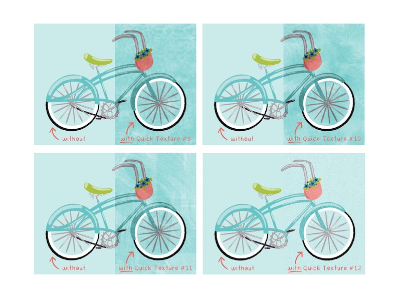 May include: Four side-by-side comparisons of a light blue bicycle with a basket of flowers on the handlebars. The left side of each image shows the bicycle without any texture applied to the wheels. The right side of each image shows the bicycle with a different texture applied to the wheels. The text "with Quick Texture #9", "with Quick Texture #10", "with Quick Texture #11", and "with Quick Texture #12" is written below each image.