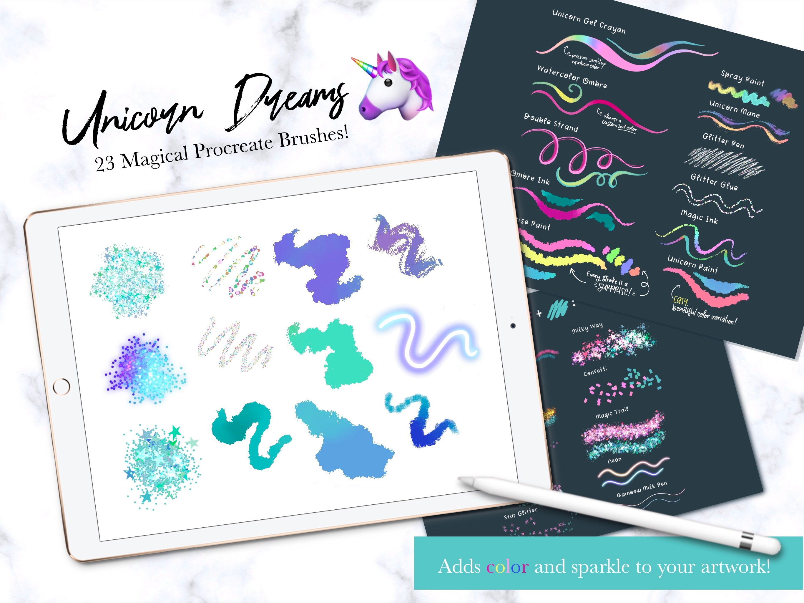 Unicorn Dreams Digital Brush Set for Procreate, Glitter, Sparkles ...