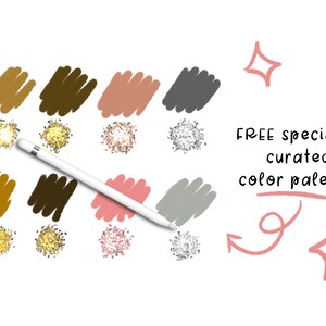 May include: A digital illustration of a color palette with 6 different shades of brown, pink, and gray. The colors are arranged in a grid with a white background. The text "FREE specially curated color palette!" is written in black text on a white background.