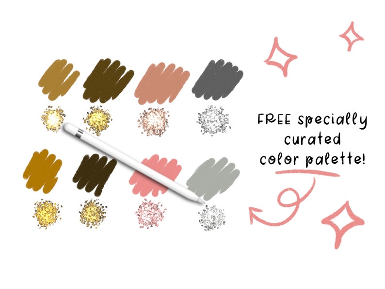 May include: A digital illustration of a color palette with 6 different shades of brown, pink, and gray. The colors are arranged in a grid with a white background. The text "FREE specially curated color palette!" is written in black text on a white background.