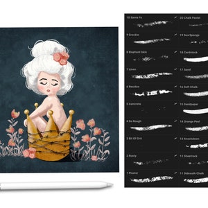 May include: A digital illustration of a young girl with white hair sitting in a gold crown with barbed wire wrapped around it. The girl is wearing a pink flower in her hair and is surrounded by pink flowers. The background is a dark blue.