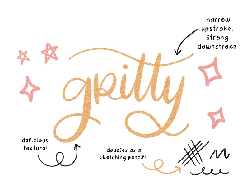 May include: A gold glitter pen with the word "gritty" written in cursive. The pen has a textured surface and doubles as a sketching pencil. The image also includes a description of the pen's stroke, which is narrow on the upstroke and strong on the downstroke.