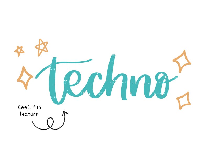 May include: A teal blue graphic with the word "techno" in a handwritten font. The word is surrounded by small gold stars. The text "Cool, fun texture!" is written in black below the word "techno".
