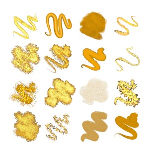 May include: A collection of 16 gold glitter and paint textures in various shapes and sizes. The textures are isolated on a white background.