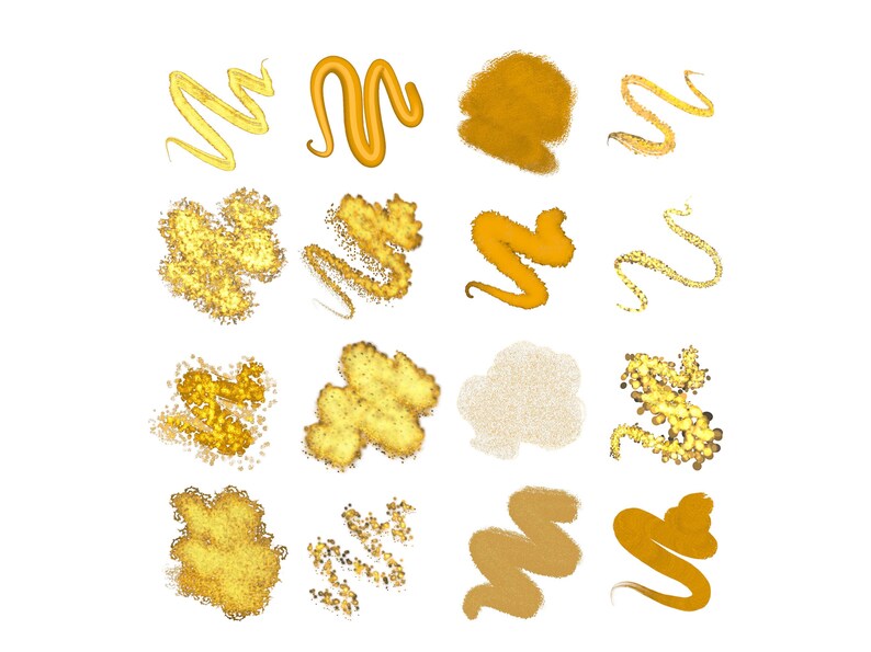 May include: A collection of 16 gold glitter and paint textures in various shapes and sizes. The textures are isolated on a white background.