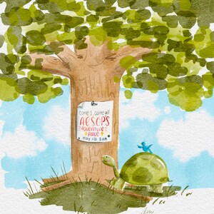 May include: A watercolor illustration of a turtle and a blue bird sitting on a tree trunk. A sign on the tree reads "Come 1, Come all Aesop's Adventure Race May 1st 8 AM".