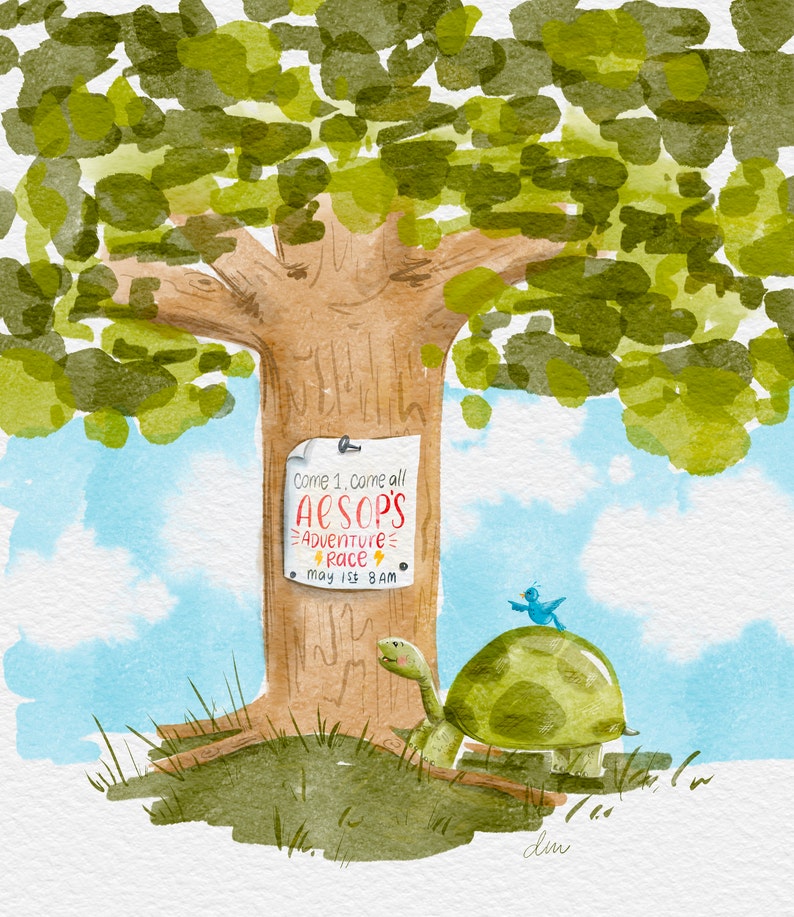 May include: A watercolor illustration of a turtle and a blue bird sitting on a tree trunk. A sign on the tree reads "Come 1, Come all Aesop's Adventure Race May 1st 8 AM".