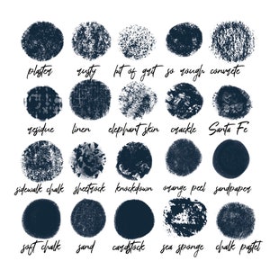 May include: A collection of 18 blue circles with different textures, each labeled with a descriptive name like "plaster", "rusty", "linen", "elephant skin", "crackle", "sidewalk chalk", "sheetrock", "knockdown", "orange peel", "sandpaper", "soft chalk", "sand", "cardstock", "sea sponge", and "chalk pastel".